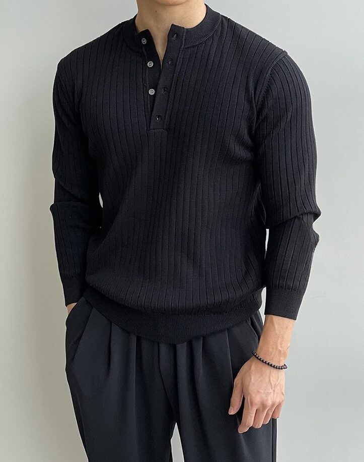 Black Ribbed Half-Buttoned T-Shirt