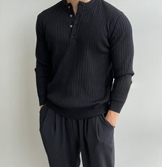 Black Ribbed Half-Buttoned T-Shirt