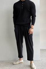 Black Ribbed Half-Buttoned T-Shirt