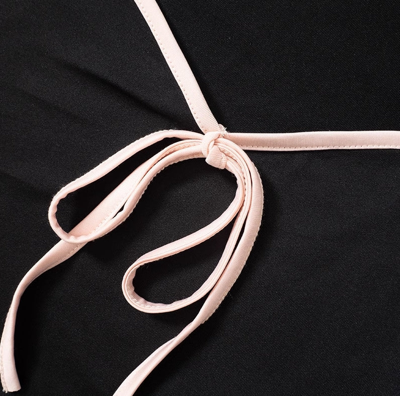 Black Ribbon Cropped T-Shirt With Beige Lining
