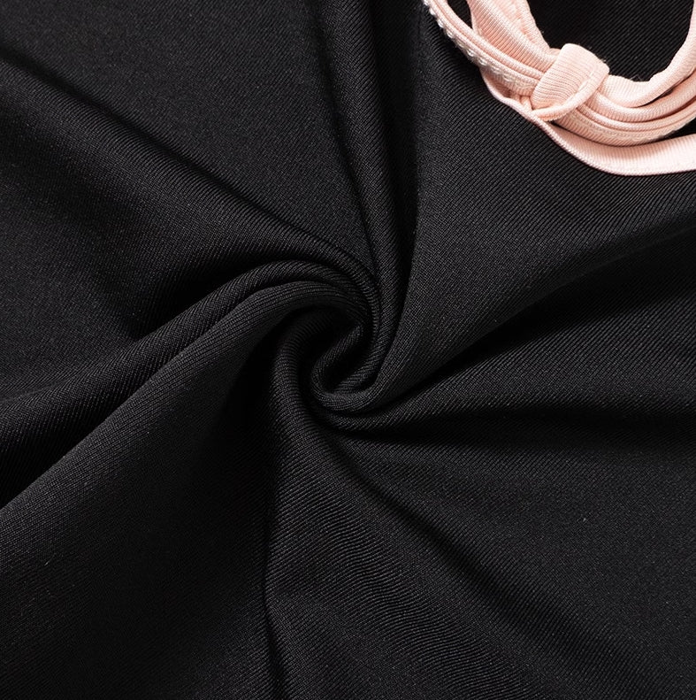 Black Ribbon Cropped T-Shirt With Beige Lining