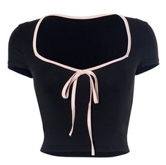 Black Ribbon Cropped T-Shirt With Beige Lining