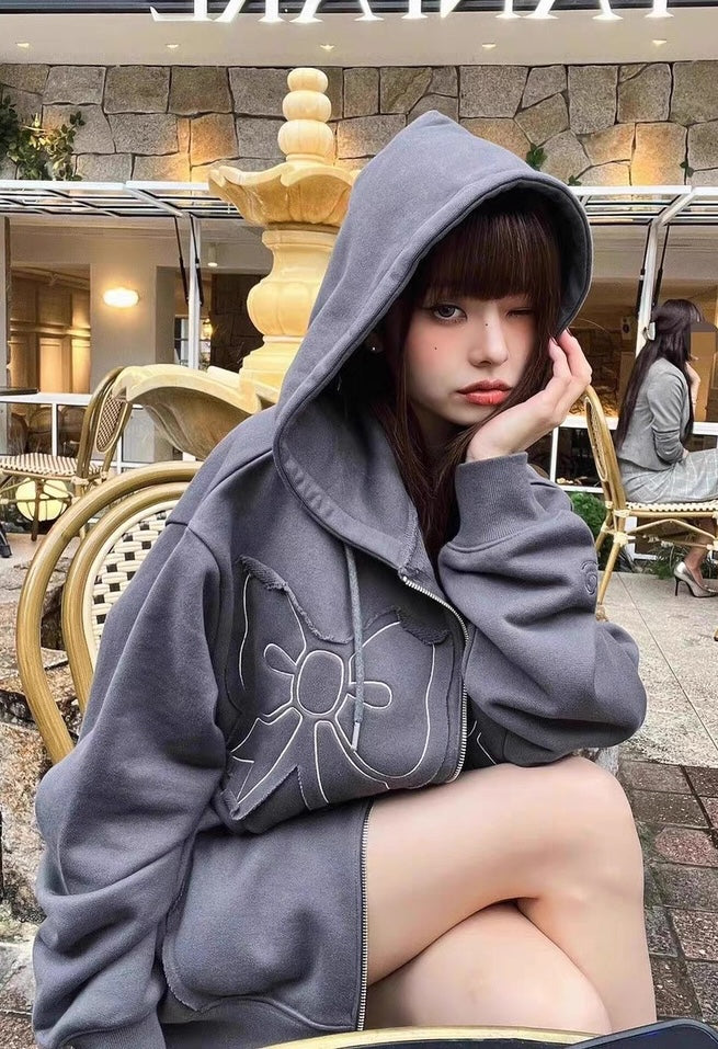 Black Ribbon Patched Hooded Jacket