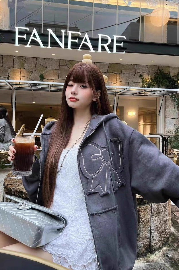 Black Ribbon Patched Hooded Jacket