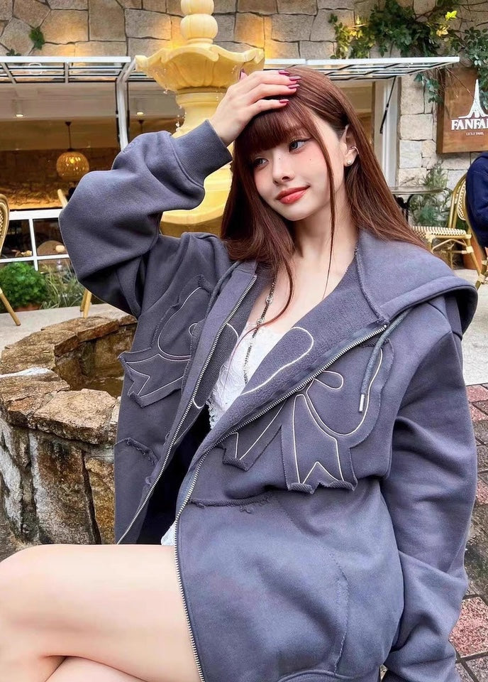 Black Ribbon Patched Hooded Jacket
