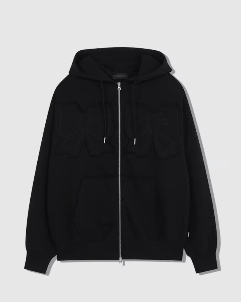 Black Ribbon Patched Hooded Jacket