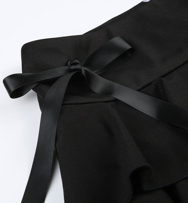 Black Ribbon Tiered Ruffles Lace Skirt