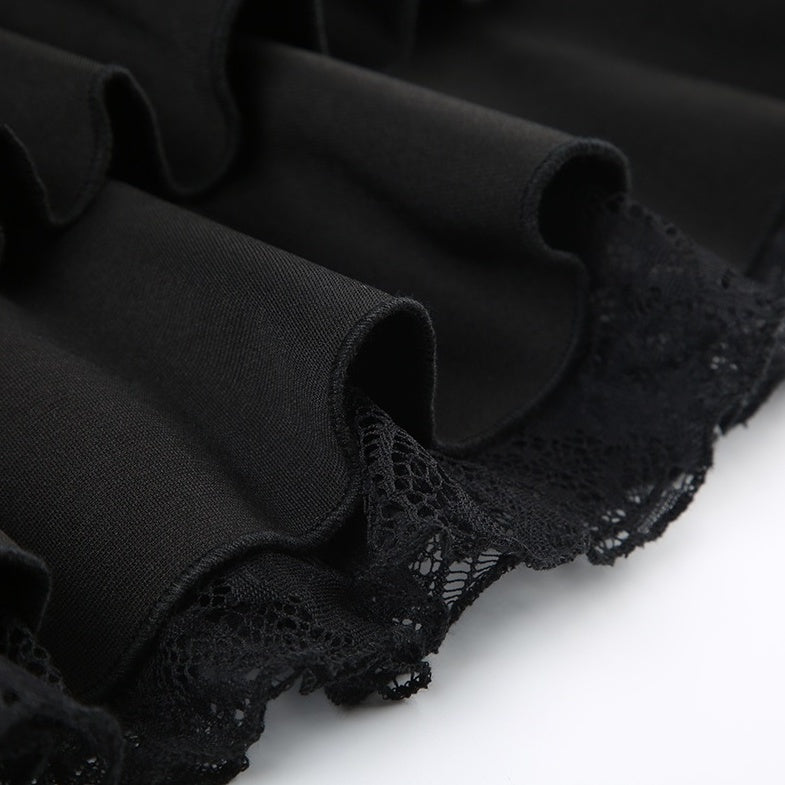Black Ribbon Tiered Ruffles Lace Skirt