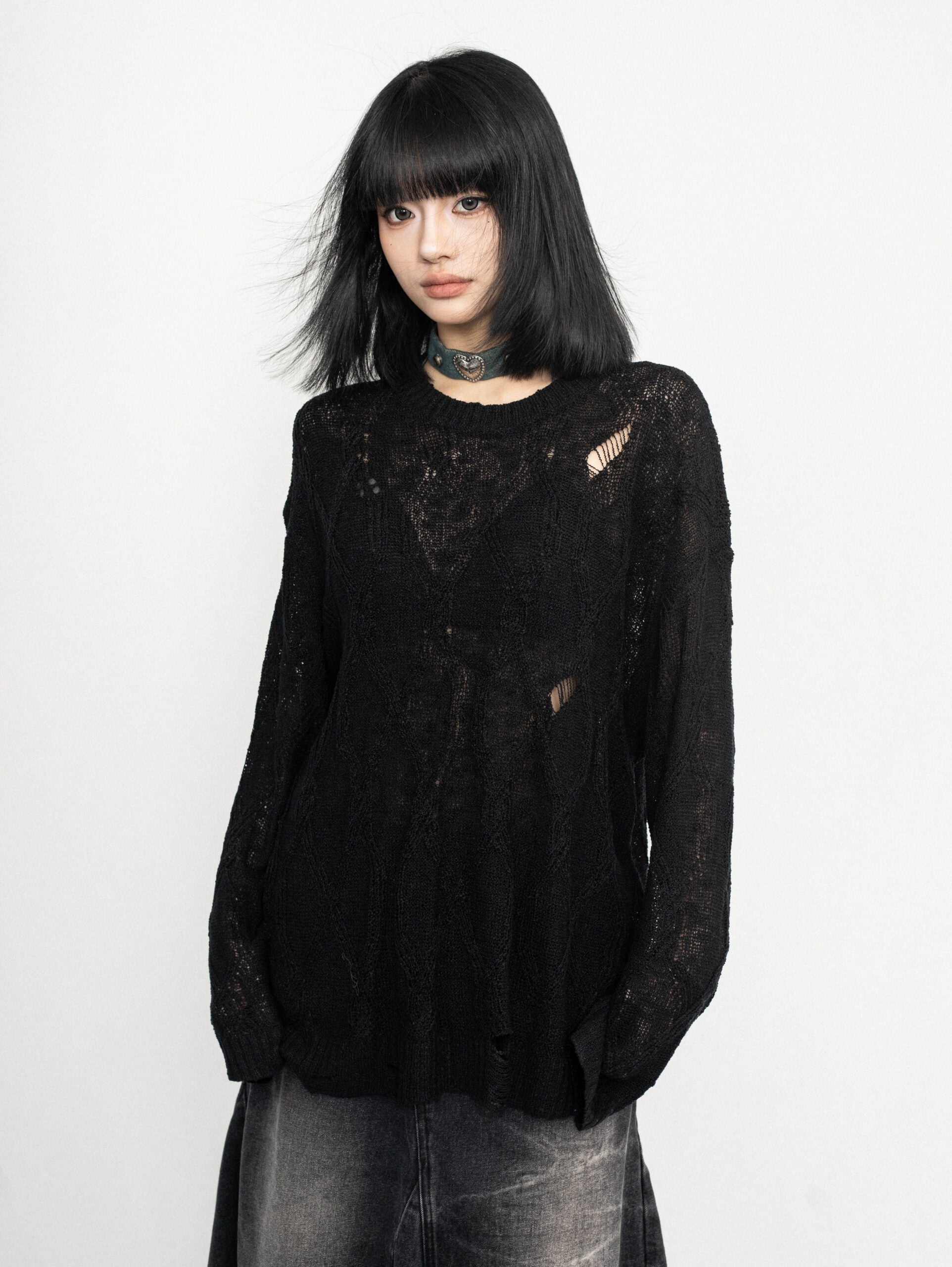 Black Ripped Style See-Through Sweater