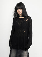 Black Ripped Style See-Through Sweater