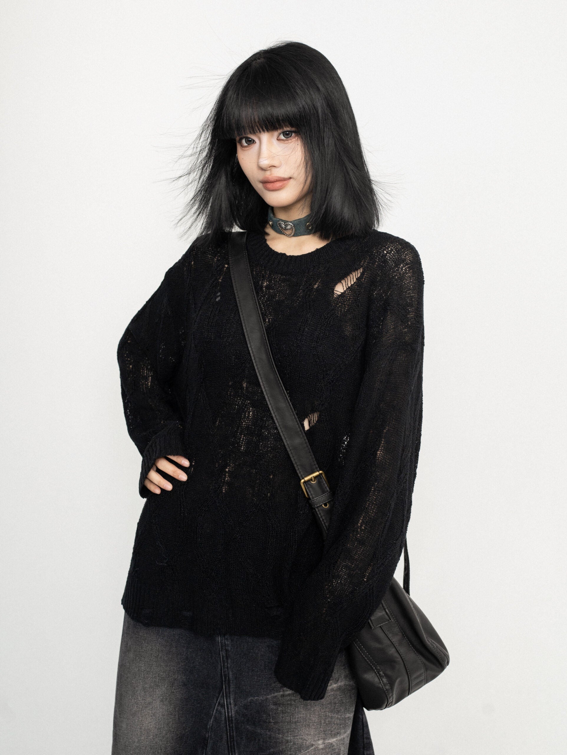 Black Ripped Style See-Through Sweater