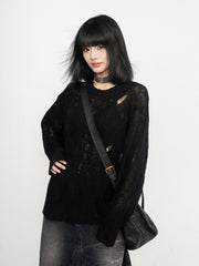 Black Ripped Style See-Through Sweater