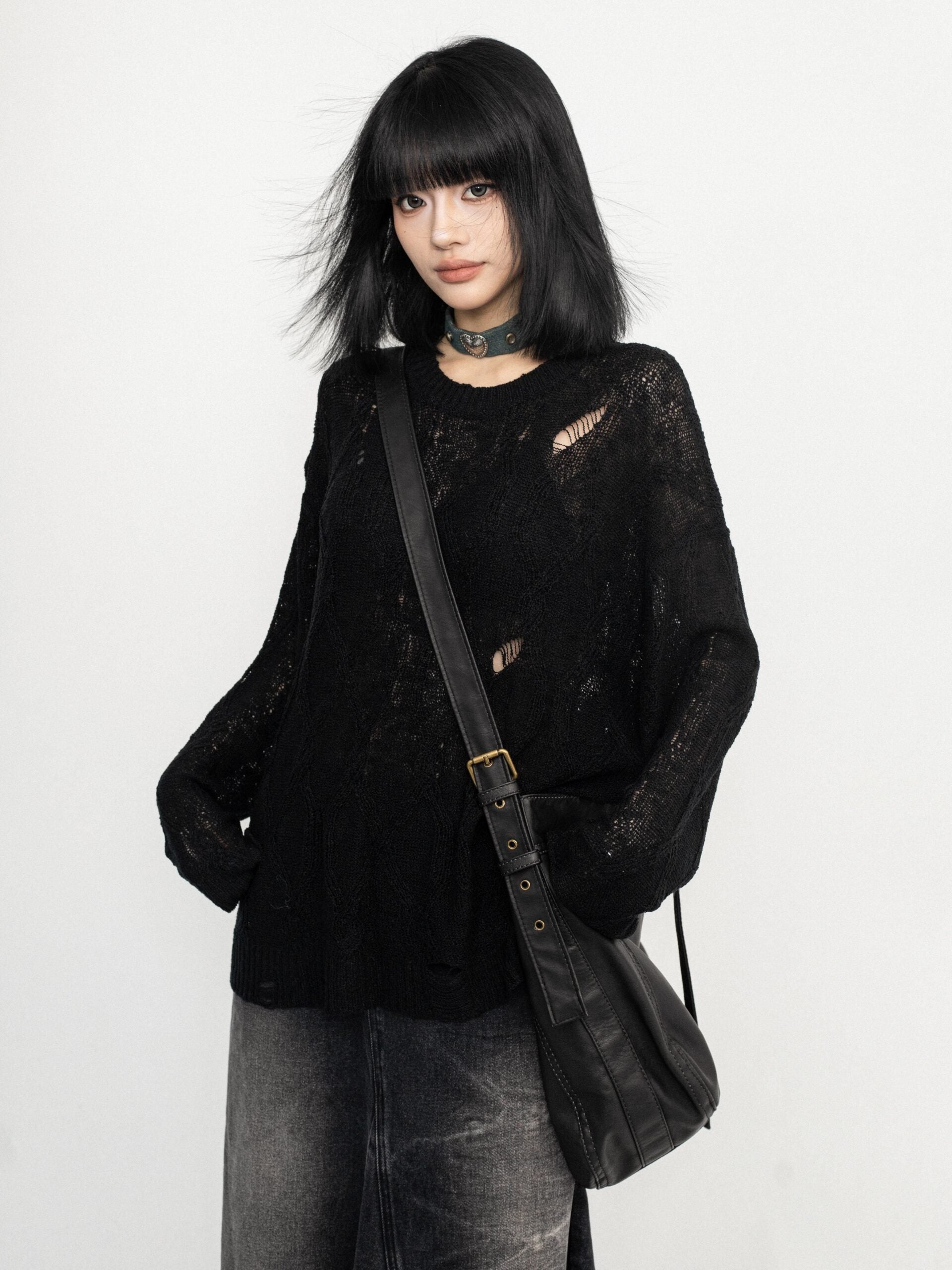 Black Ripped Style See-Through Sweater