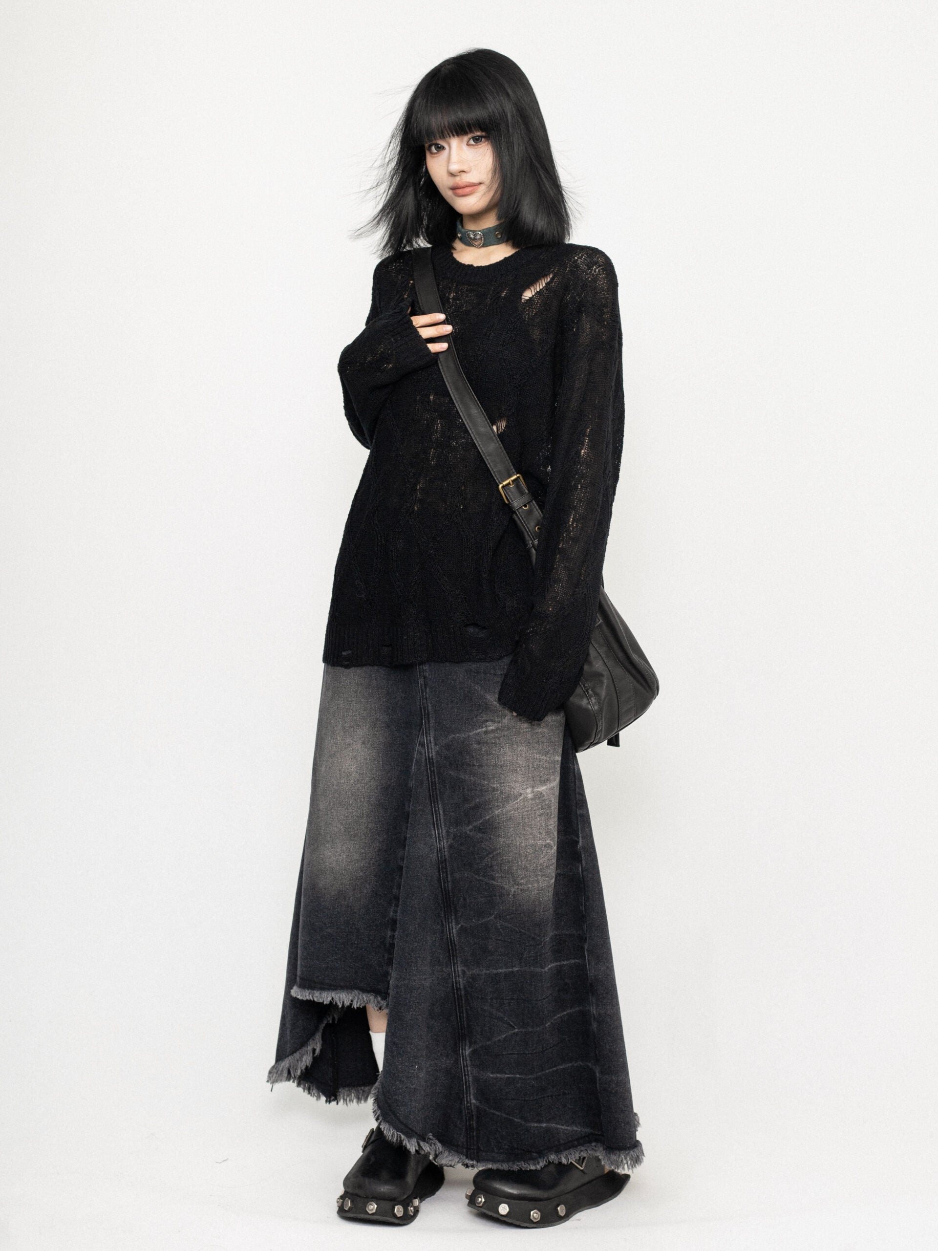 Black Ripped Style See-Through Sweater