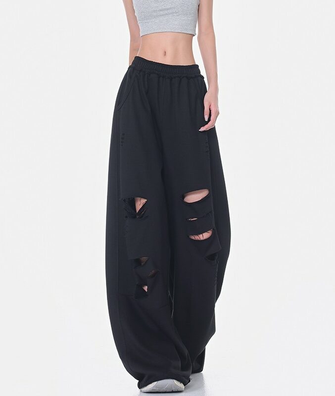 Black Ripped Wide Training Pants