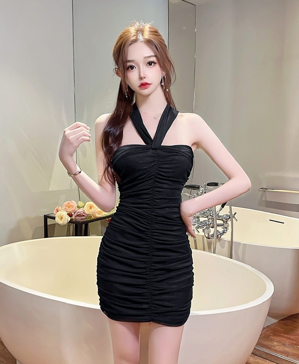 Black Ruched Halter Bodycon Dress