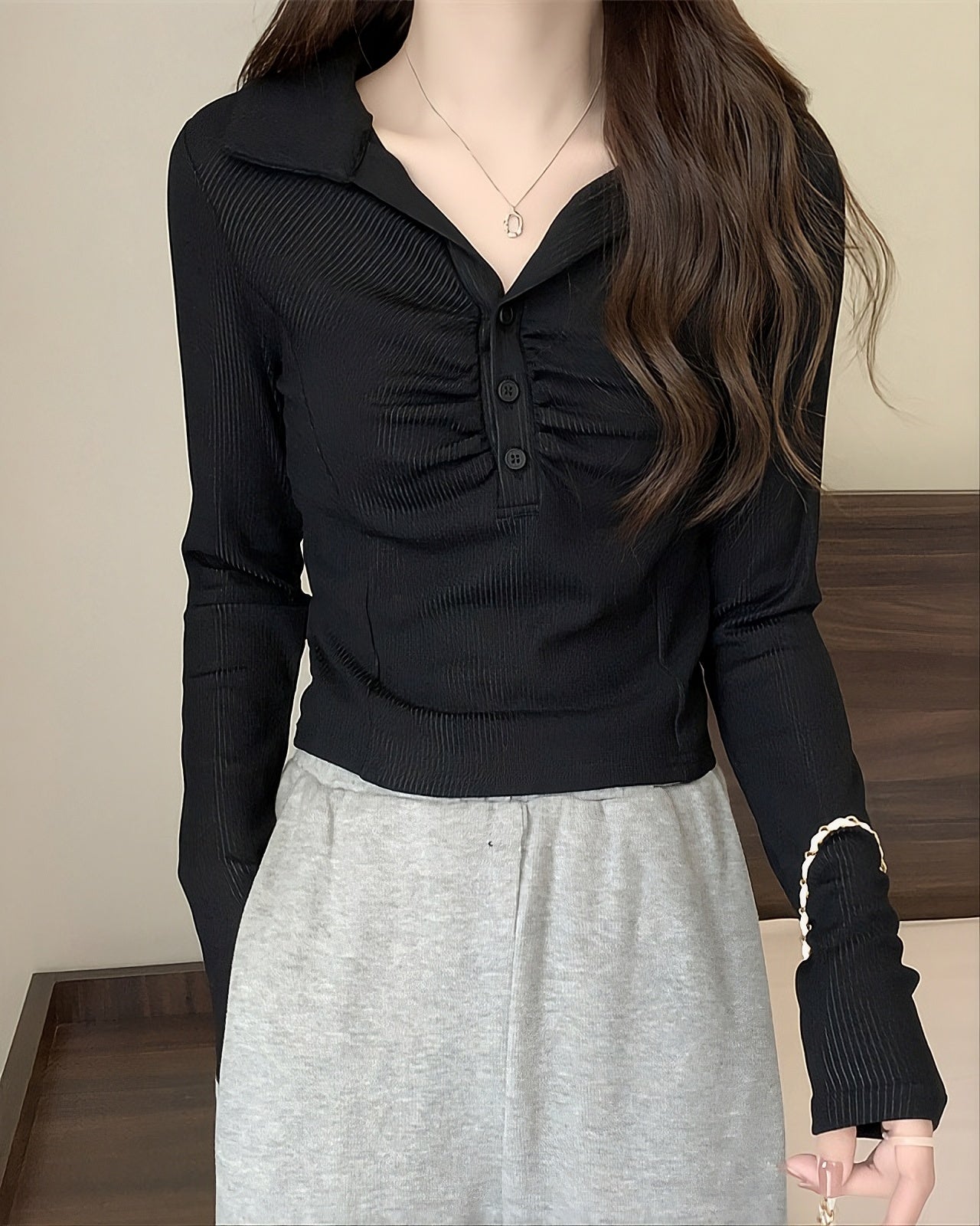 Black Ruched Long Sleeves Polo Shirt