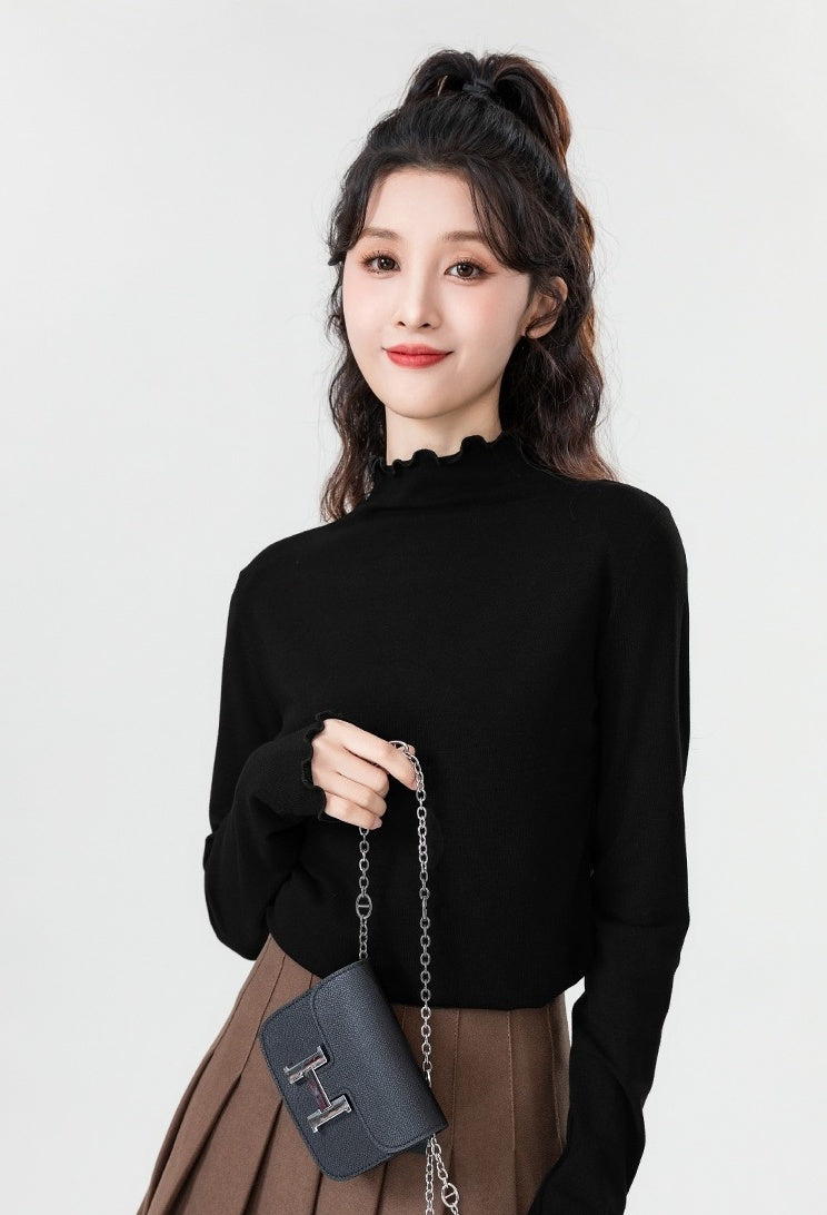 Black Ruffled High Neck Top