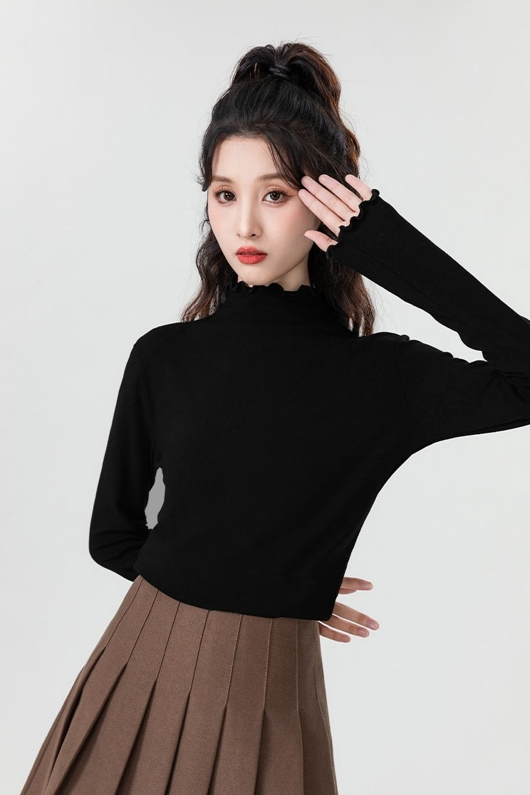 Black Ruffled High Neck Top