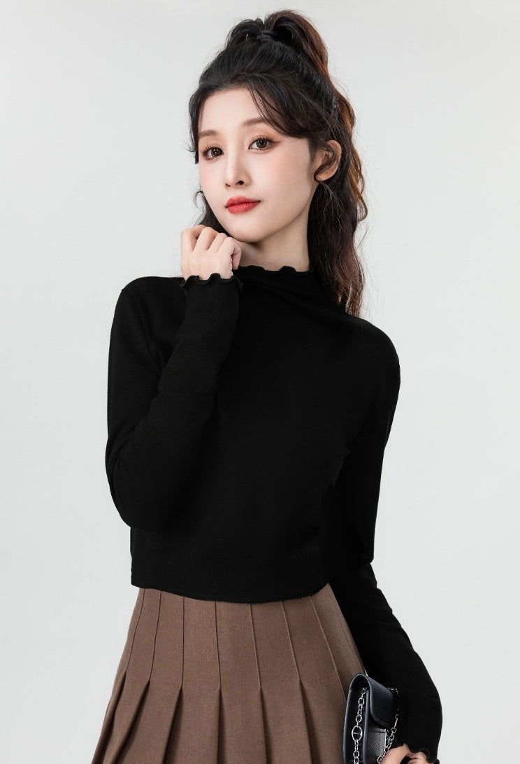 Black Ruffled High Neck Top