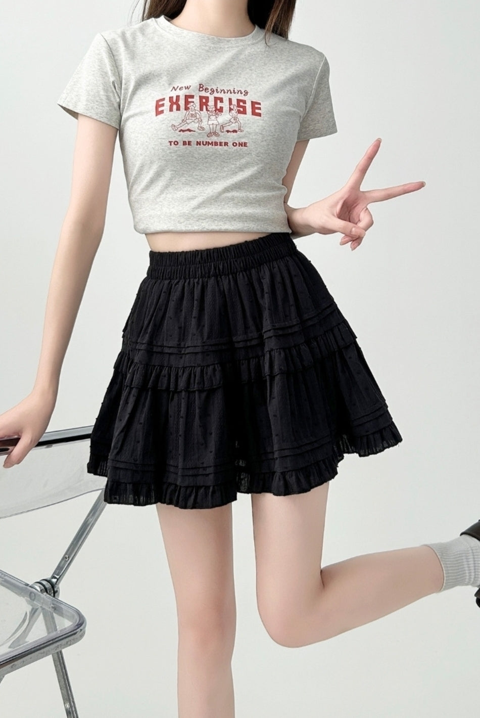 Black Ruffled High Waist A Line Mini Skirt