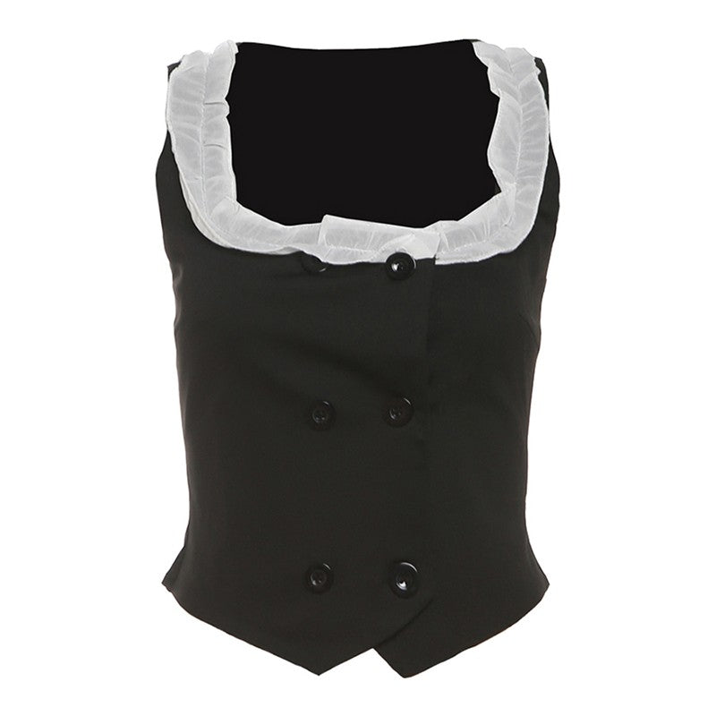 Black Ruffled Neckline Double-Breasted Vest