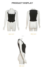 Black Ruffled Neckline Double-Breasted Vest