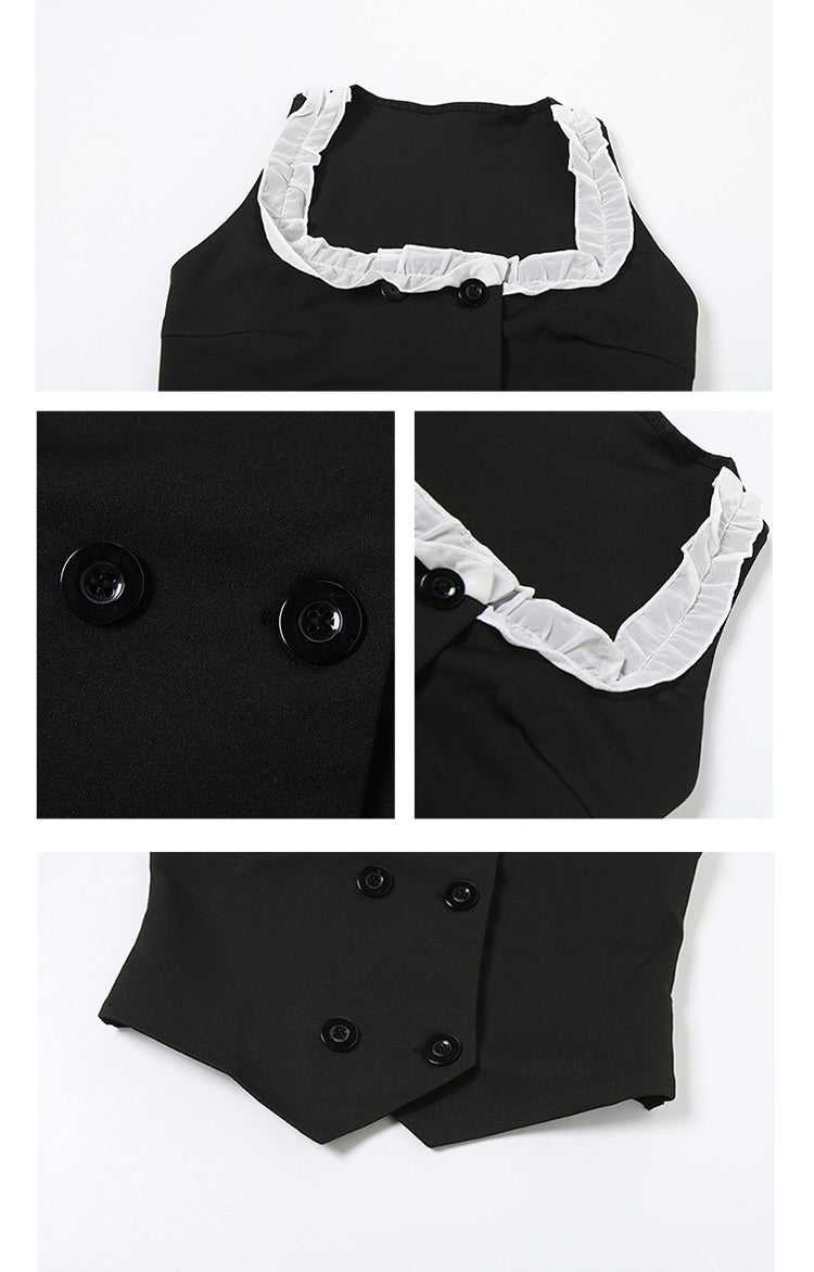 Black Ruffled Neckline Double-Breasted Vest