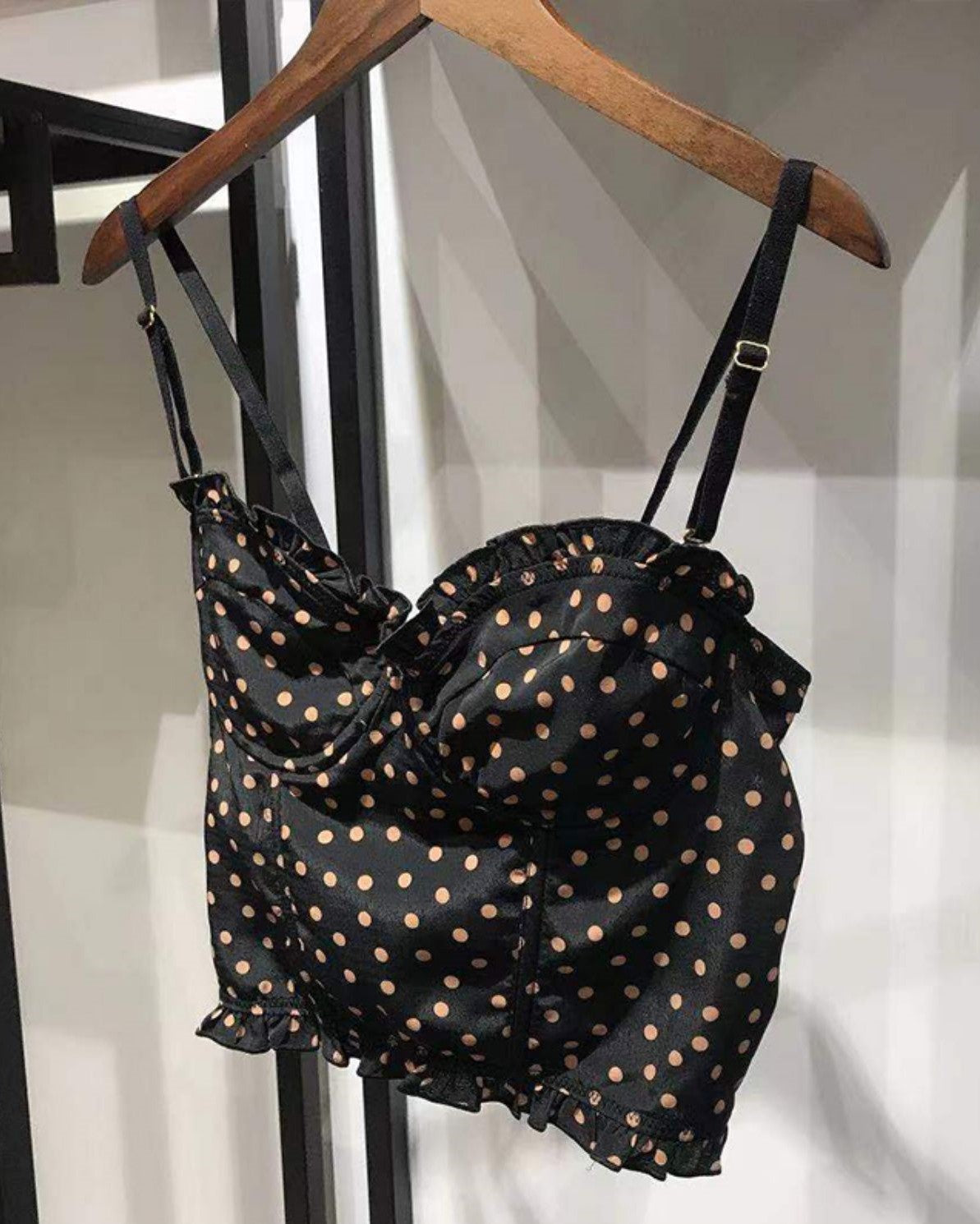 Black Ruffled Polka Dots Crop Top