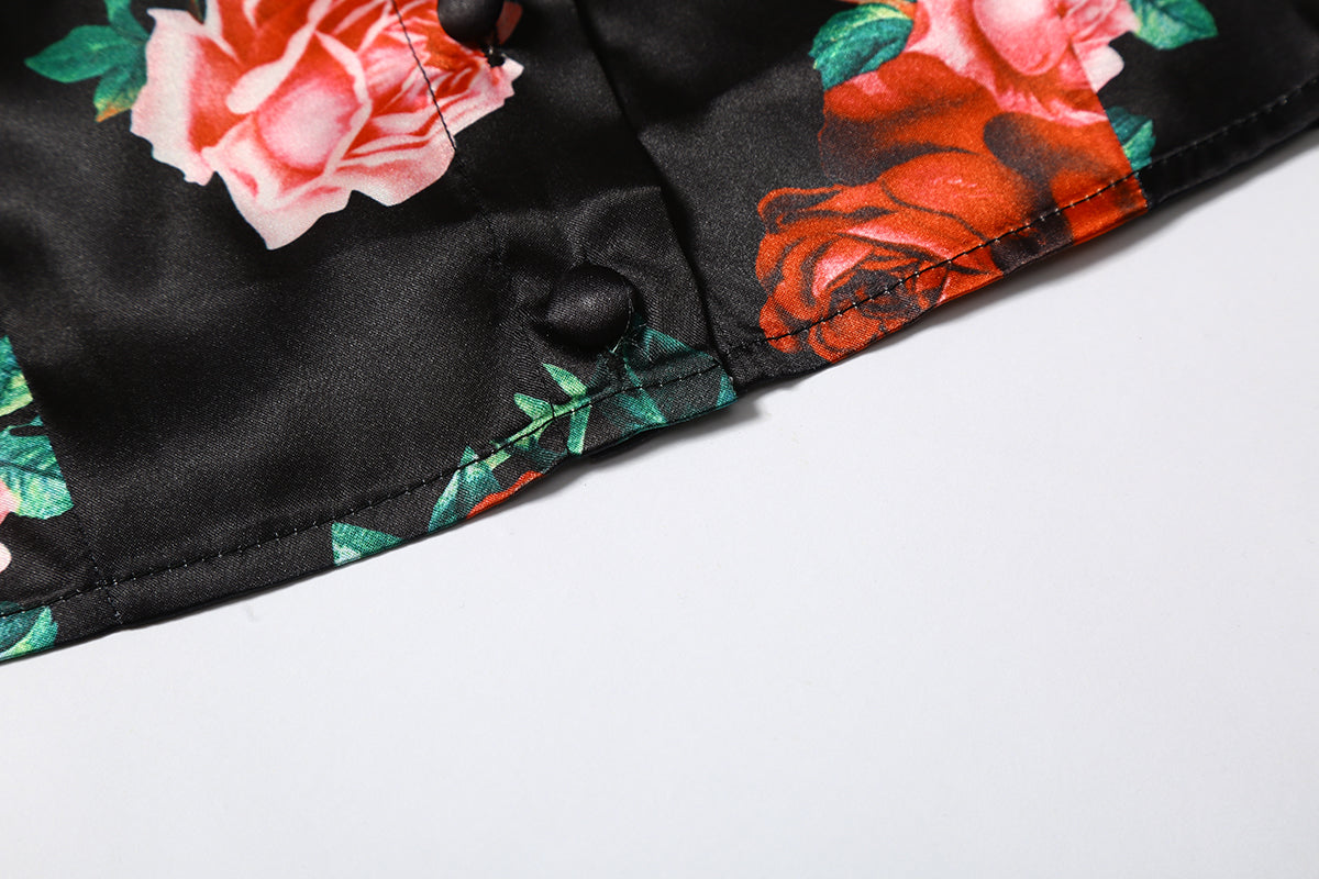Black Satin Rose Print Crop Shirt