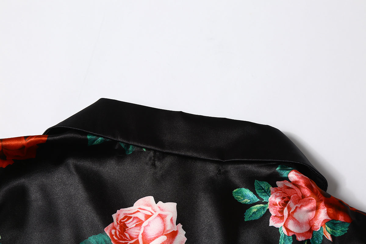 Black Satin Rose Print Crop Shirt