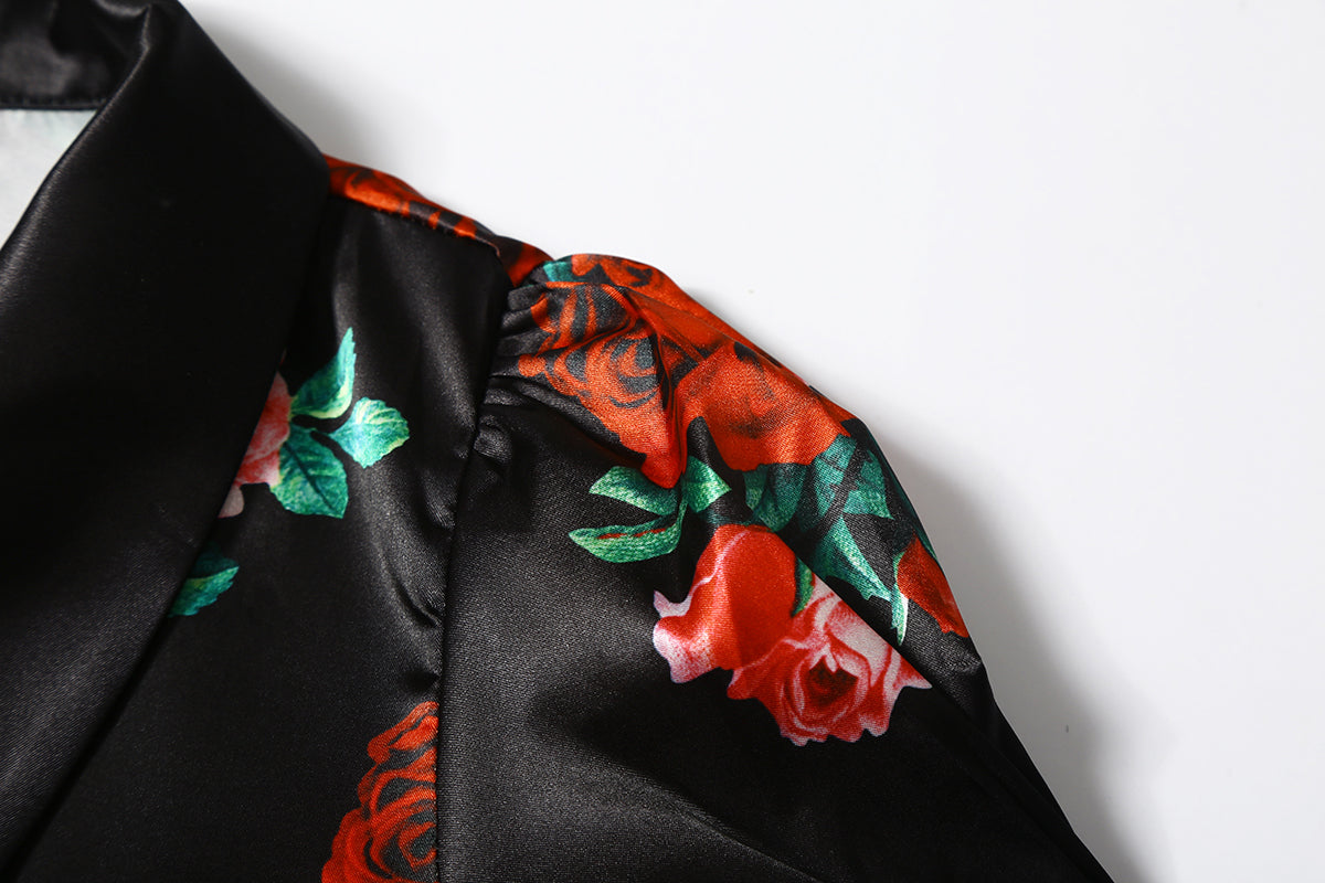 Black Satin Rose Print Crop Shirt