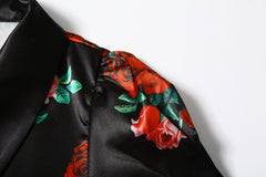 Black Satin Rose Print Crop Shirt