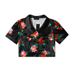 Black Satin Rose Print Crop Shirt