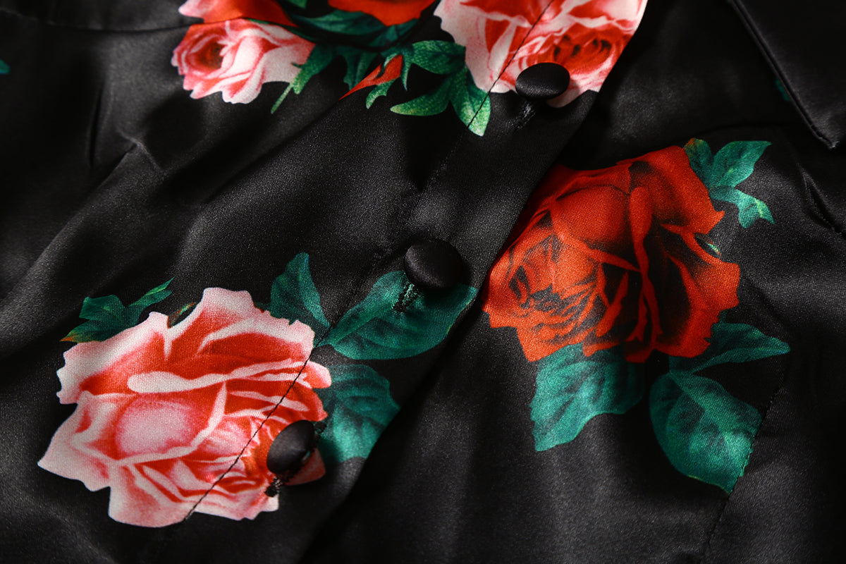 Black Satin Rose Print Crop Shirt
