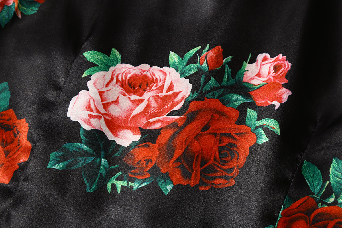 Black Satin Rose Print Crop Shirt