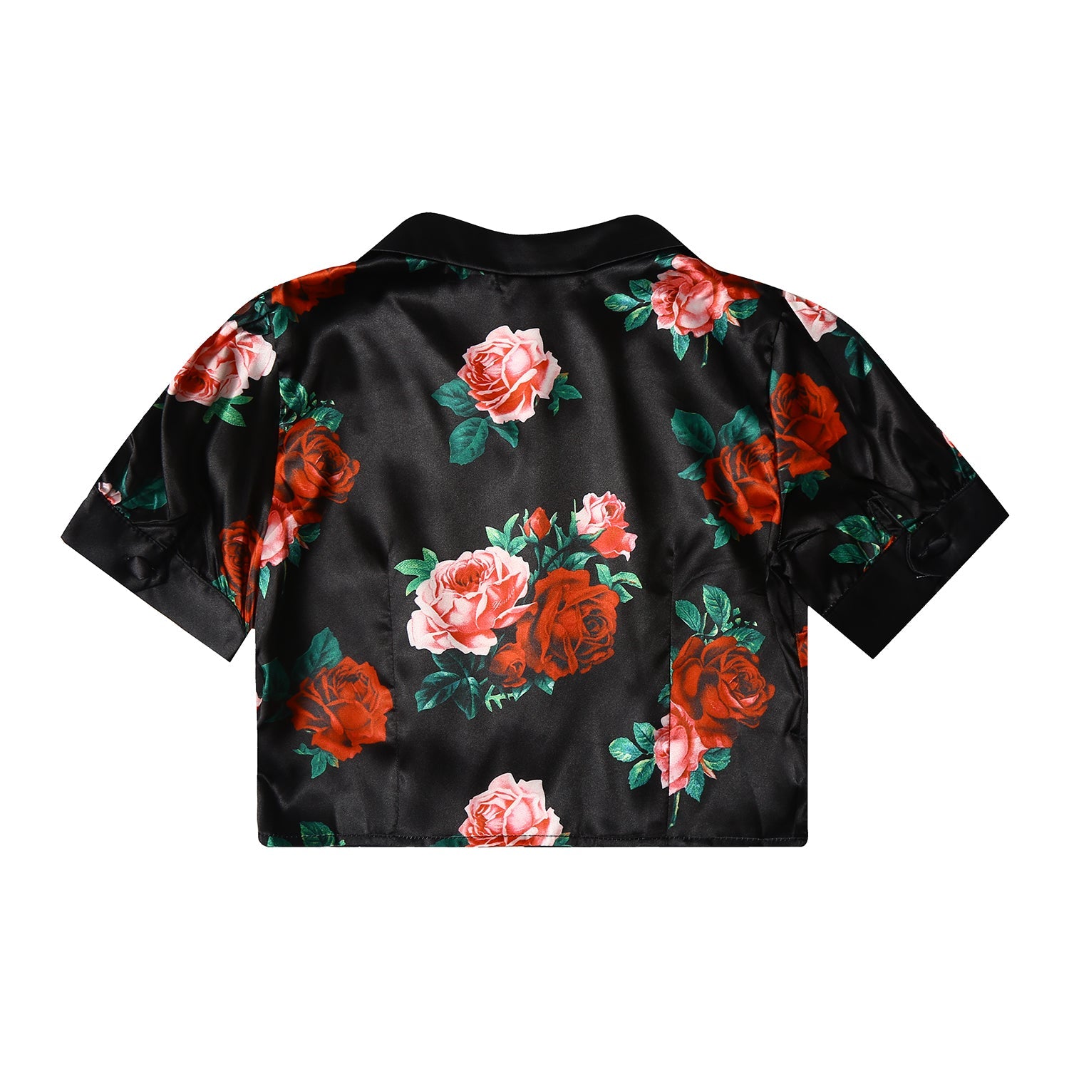 Black Satin Rose Print Crop Shirt