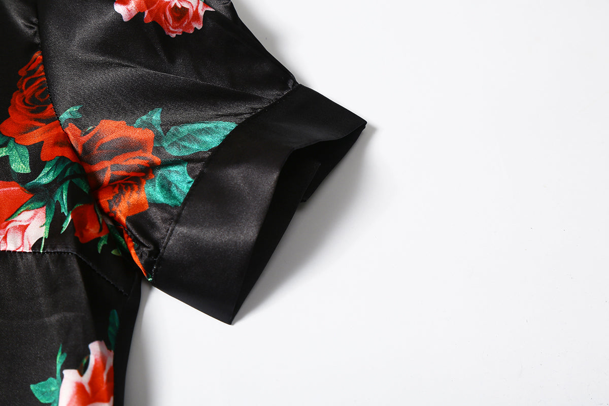 Black Satin Rose Print Crop Shirt