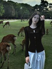 Black See-Through Button Holes Cardigan