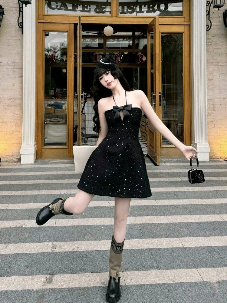 Black Sequin Embellished Halter Dress