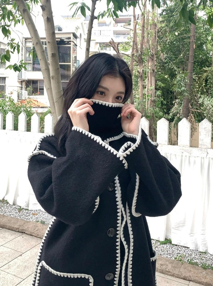 Black Shawl Accent Woolen Coat