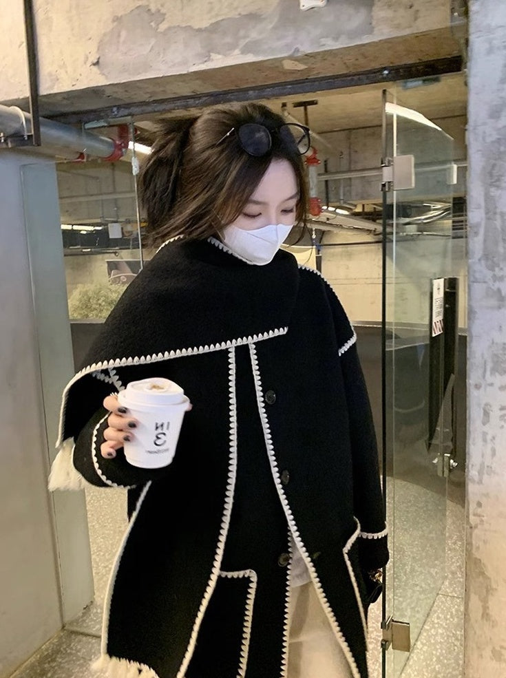 Black Shawl Accent Woolen Coat