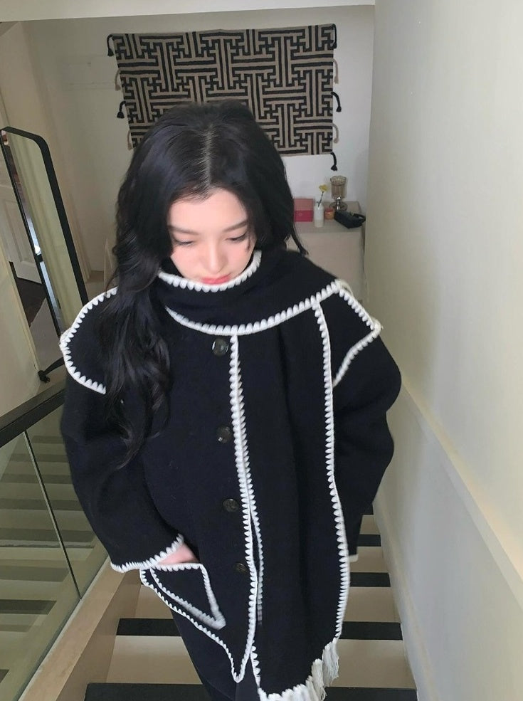 Black Shawl Accent Woolen Coat