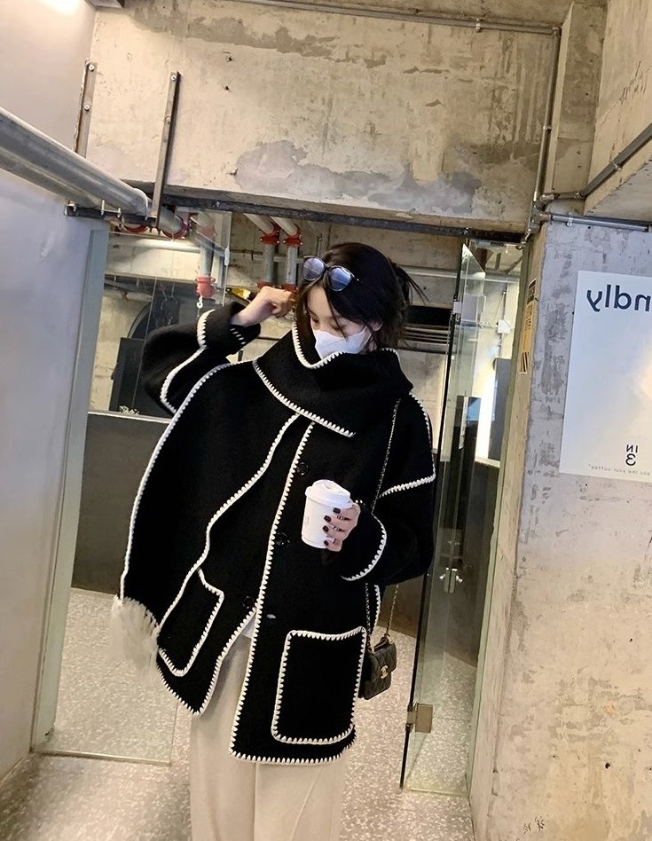 Black Shawl Accent Woolen Coat