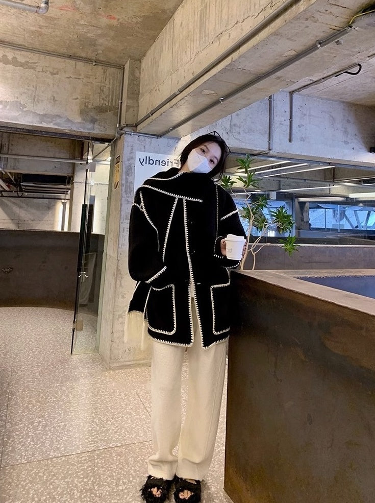 Black Shawl Accent Woolen Coat
