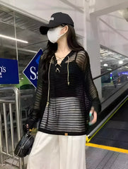 Black Sheer Knit Drawstring Sweater