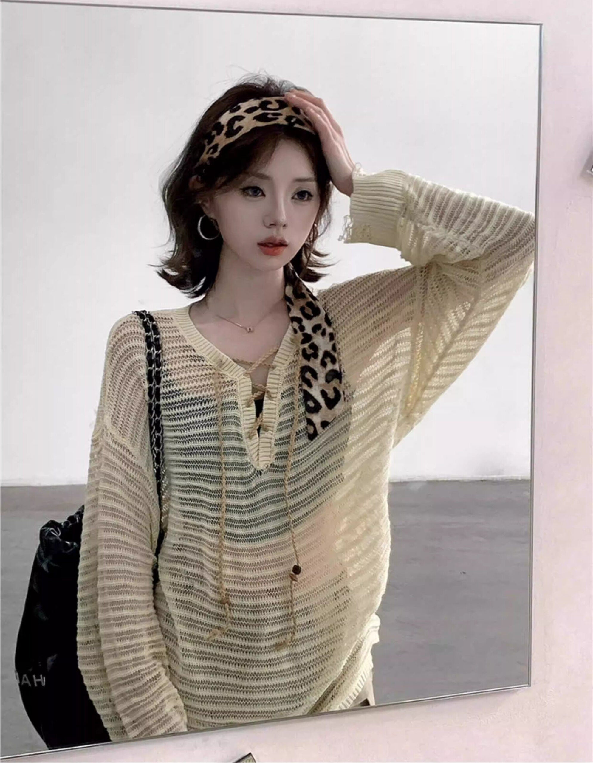 Black Sheer Knit Drawstring Sweater