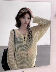 Black Sheer Knit Drawstring Sweater