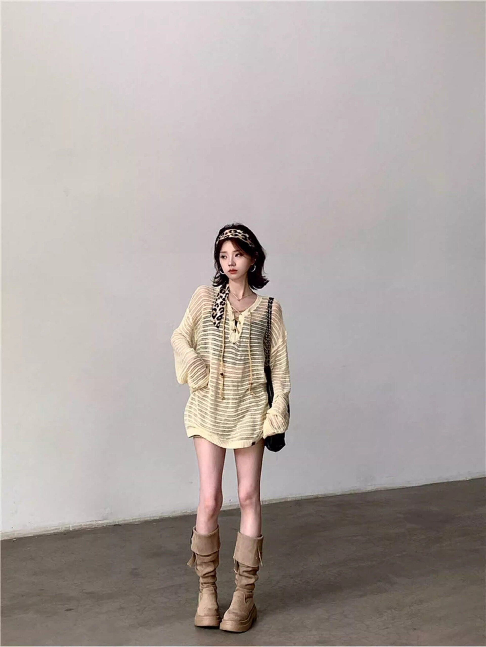 Black Sheer Knit Drawstring Sweater