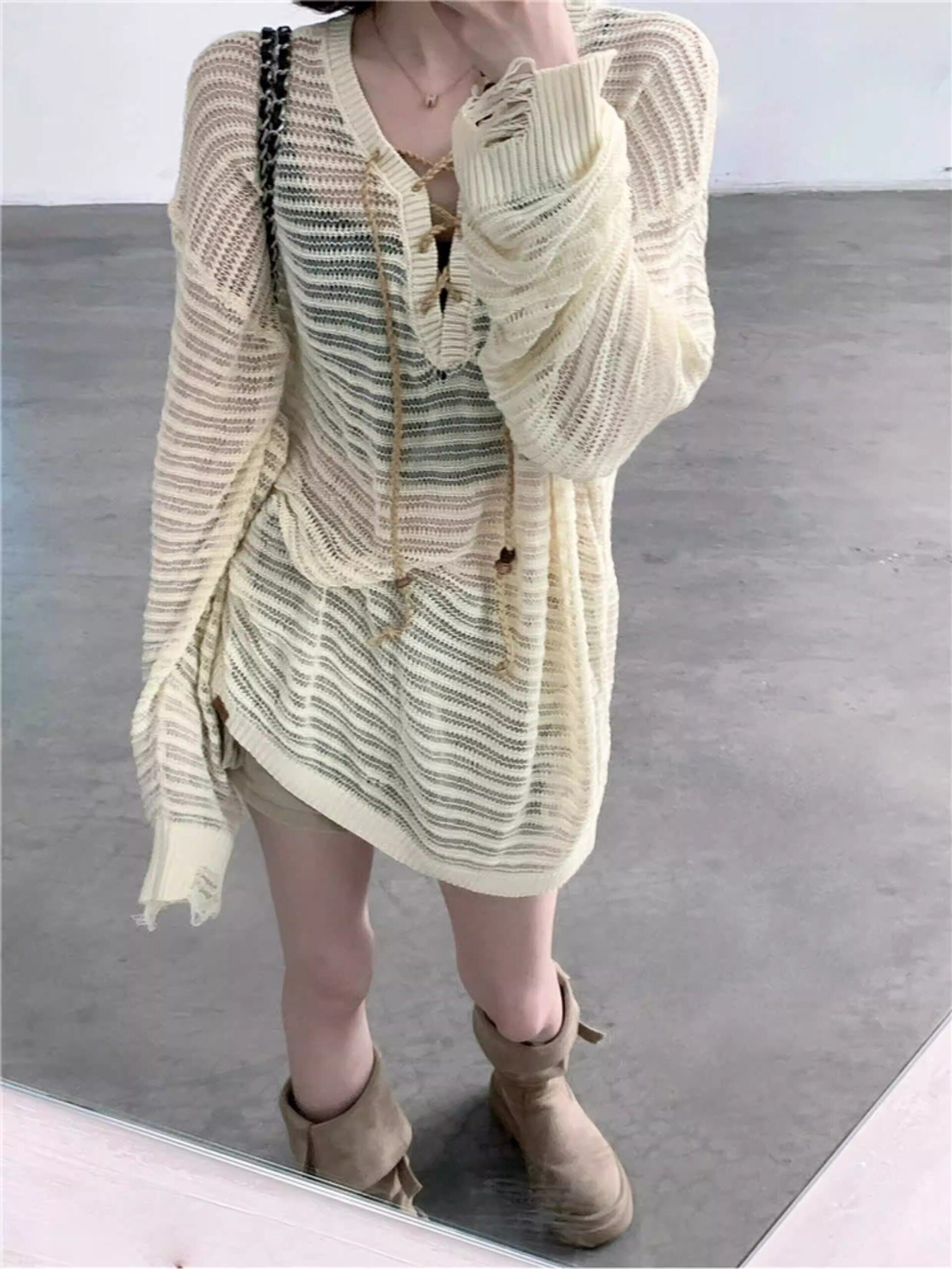 Black Sheer Knit Drawstring Sweater